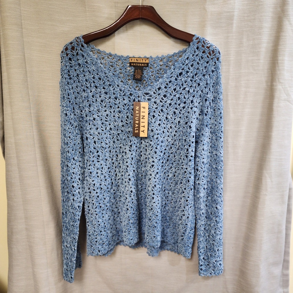 Finity Naturals Blue Crochet Open Knit V-Neck Sweater NWT Large